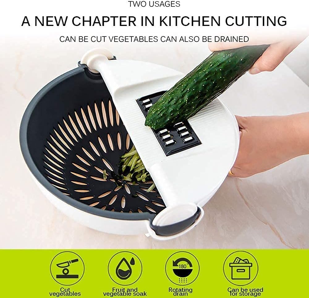 Multifunction Wet Basket Vegetable Cutter & Slicer | Rotatable Food Chopper with Drain Basket | Manual Kitchen Vegetable Shredder & Salad Maker Bowl