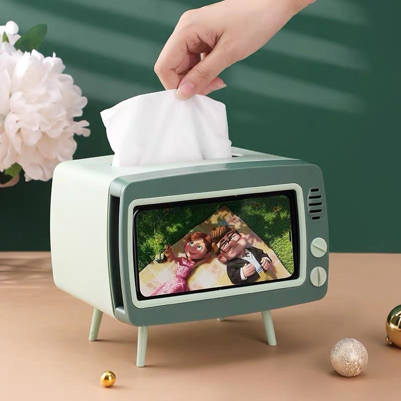 2-in-1 TV Shape Tissue Box with Mobile Holder | Creative Desktop Tissue Organizer | Plastic Tissue Box Cover for Living Room, Bedroom & Bathroom