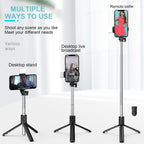 4 in 1 Wireless Selfie Stick Tripod with Remote | bluetooth selfie stick and tripod | Extendable, Foldable Phone Holder Stand for Android & iPhone | Portable Selfie Stick with Light Option for Travel, Vlogs & Photography