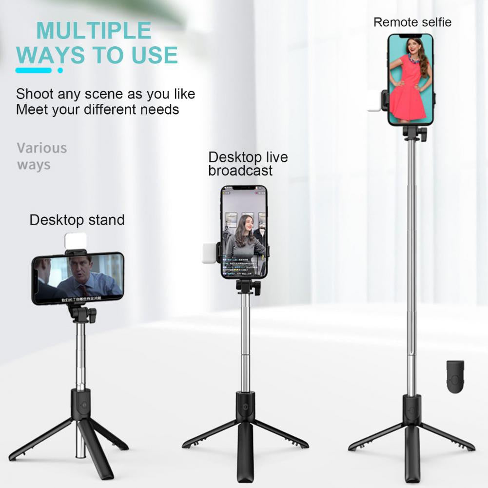 4 in 1 Wireless Selfie Stick Tripod with Remote | bluetooth selfie stick and tripod | Extendable, Foldable Phone Holder Stand for Android & iPhone | Portable Selfie Stick with Light Option for Travel, Vlogs & Photography