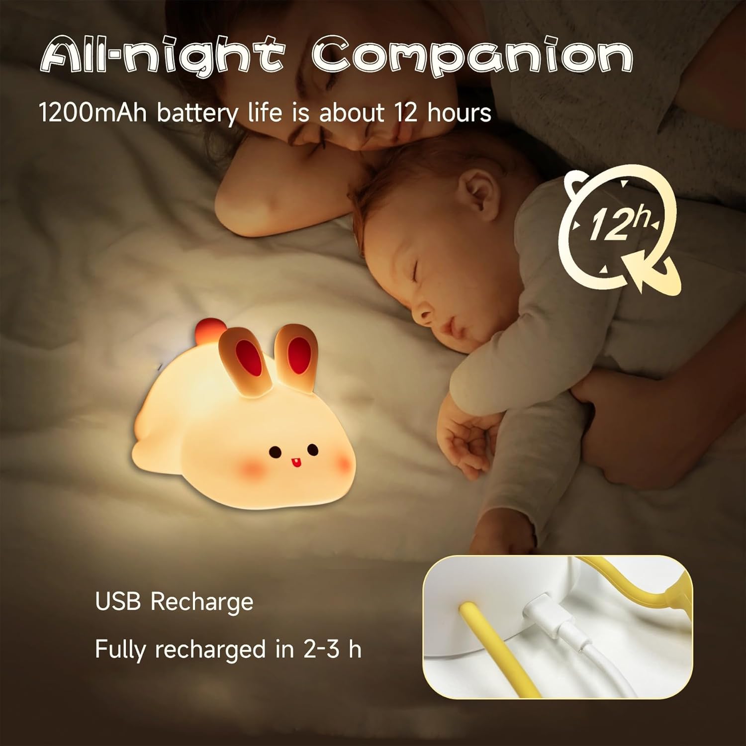 Silicone Bunny Night Light for Kids | Cute Rabbit Touch Sensor Night Lamp | Soft Glow Rechargeable LED Nursery Light