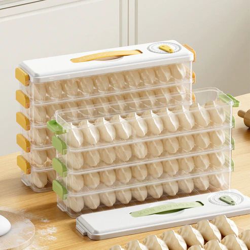 3-Layer Dumpling Storage Box | Stackable Freezer Organizer Container with Lid | Plastic Kitchen Food Keeper for Frozen Dumplings, Momos & Snacks