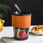 Glass Tumbler Mug with Lid & Straw | Reusable Ribbed Glass Drinking Cup with Protective Sleeve | Iced Coffee & Juice Glass Cup (450 ml)