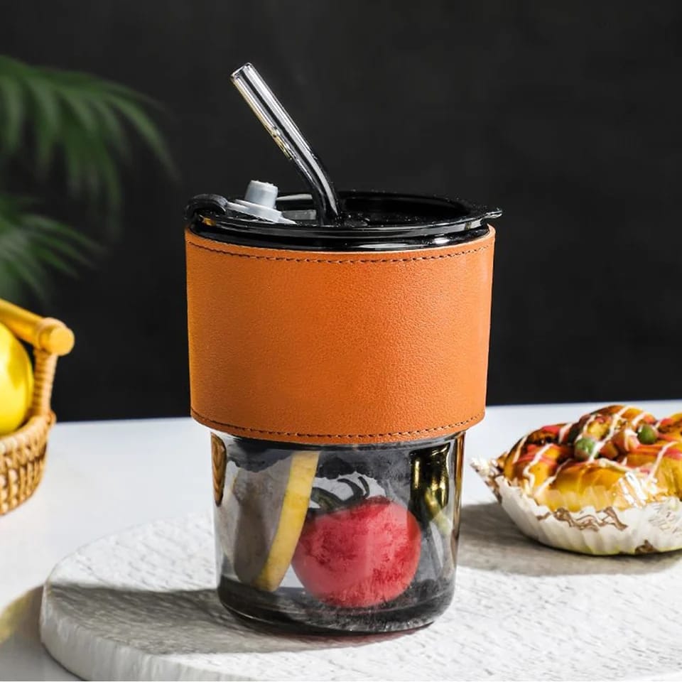 Glass Tumbler Mug with Lid & Straw | Reusable Ribbed Glass Drinking Cup with Protective Sleeve | Iced Coffee & Juice Glass Cup (450 ml)