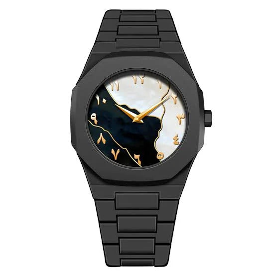 Black Arabic Aura Watch – Stylish Unisex Analog Wrist Watch with Marble Design Dial | Modern Quartz Timepiece for Men & Women | Trendy Fashion Watch with Adjustable Strap