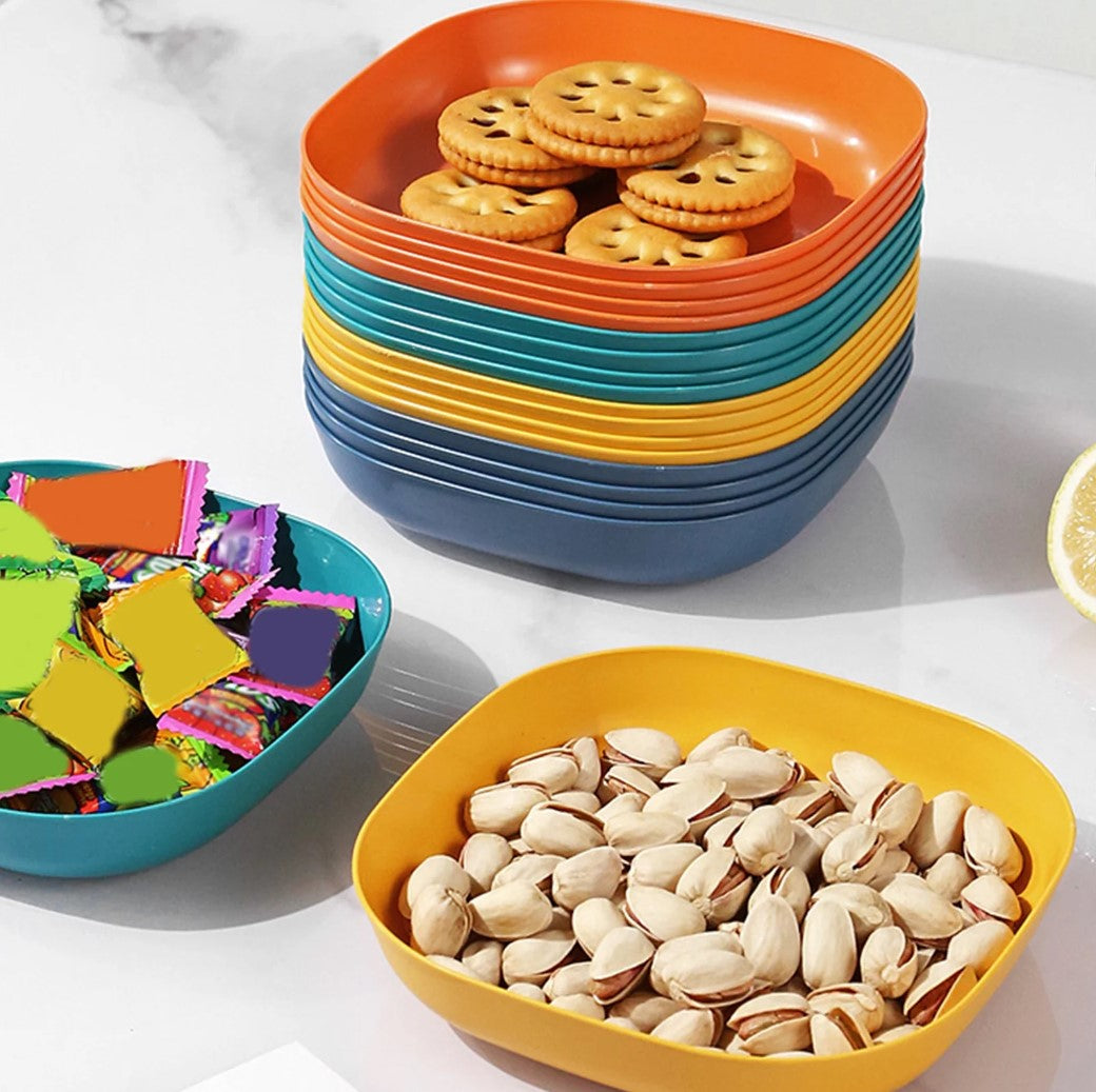 Square Plastic Plate Set (10 Pcs) with Stand | Reusable Lightweight Snack & Breakfast Plates | Multi-Color Unbreakable Kitchen Tableware for Home, Picnic & Parties