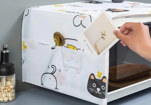 Waterproof Microwave Oven Cover with Storage Pockets | Dustproof Washable Kitchen Appliance Protector | Heat-Resistant Decorative Microwave Dust Cover with Double Side Organizer Pockets