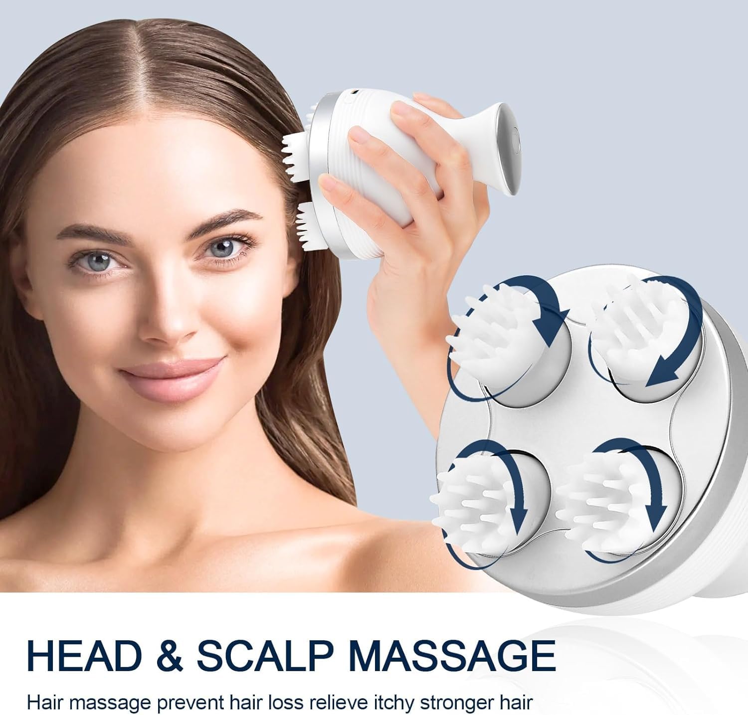 Rechargeable Electric Scalp Massager with 4 Heads – USB Handheld Head Massager for Stress Relief, Hair Care & Relaxation | Portable Multi-Mode Massage Brush for Home Use