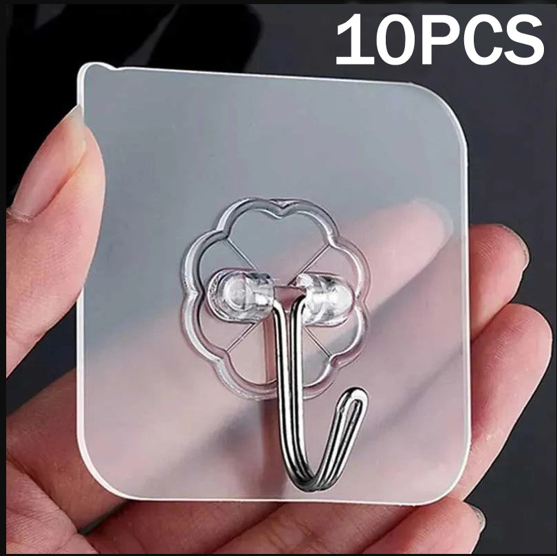 10 Pcs Adhesive Wall Hooks | Heavy Duty Transparent Sticky Hooks for Wall, Ceiling, Door, Bathroom & Kitchen | Waterproof & Oilproof No-Drill Reusable Self-Adhesive Wall Hangers