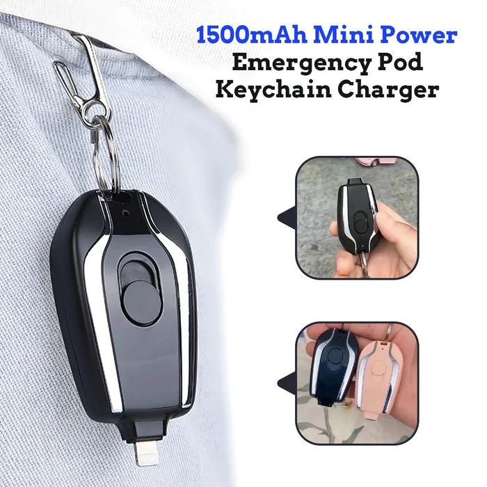 Keychain Portable Charger 1500mAh | Emergency Mini Power Bank with Retractable Plug | Fast Charging Pocket Backup Battery for iPhone & Type-C Devices