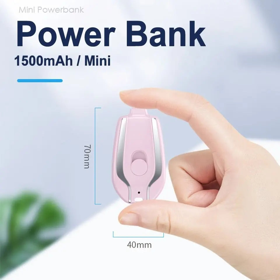 Keychain Portable Charger 1500mAh | Emergency Mini Power Bank with Retractable Plug | Fast Charging Pocket Backup Battery for iPhone & Type-C Devices
