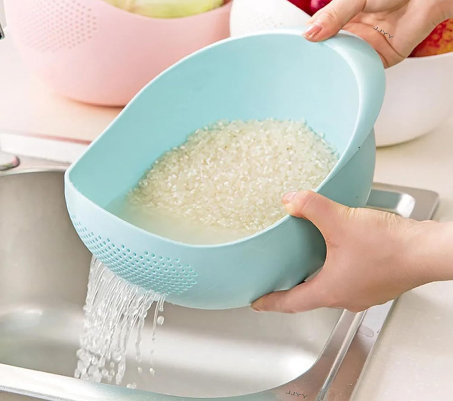 1PC Plastic Drain Basket & Rice Washing Bowl | Multi-Functional Kitchen Strainer Bowl for Fruits, Vegetables, and Salad | Double-Layer Water Draining Basket with Handle