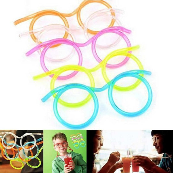 Flexible Silly Drinking Straw Glasses for Kids | Reusable Funny Eyeglass Straw for Birthday Party, Fun Events & Gifts | Colorful Plastic Reusable Drinking Straws